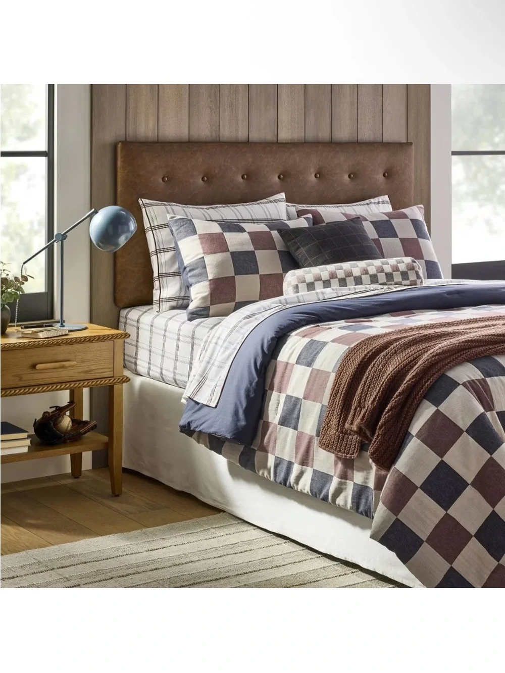 NWT Full 300 Thread Count Contrast Merrow Edge Plaid Sheets Cream/Navy/Burgundy